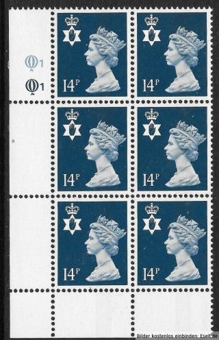 Gb/n.  Ireland 1971/00 14p Plate Block,  Sg Xnl11/ni39,  Plate 1,  1,  Row 18.  Mnh