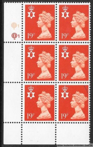 Gb/n.  Ireland 1971/00 19p Plate Block,  Sg Xnl26/ni49,  Plate 1,  1,  Row 18.  Mnh