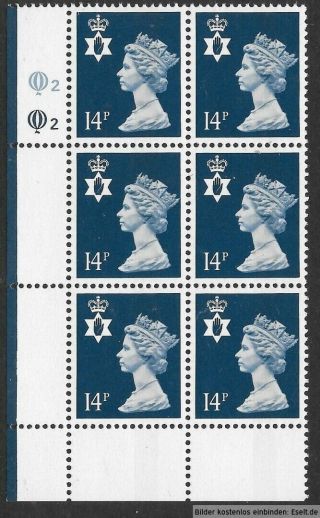 Gb/n.  Ireland 1971/00 14p Plate Block,  Sg Xnl11/ni39,  Plate 2,  2,  Row 18.  Mnh