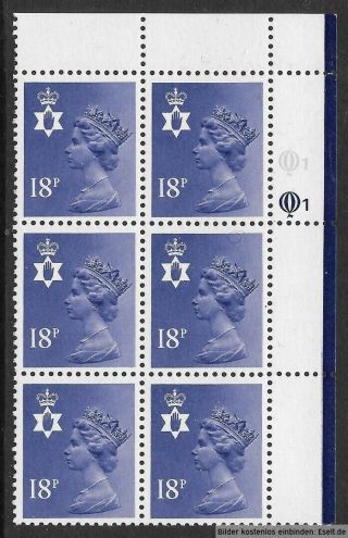 Gb/n.  Ireland 1971/00 18p Plate Block,  Sg Xnl21/ni45,  Plate 1,  1,  Row 1.  Mnh