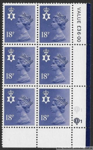 Gb/n.  Ireland 1971/00 18p Plate Block,  Sg Xnl21/ni45,  Plate 1,  1,  Row 20.  Mnh