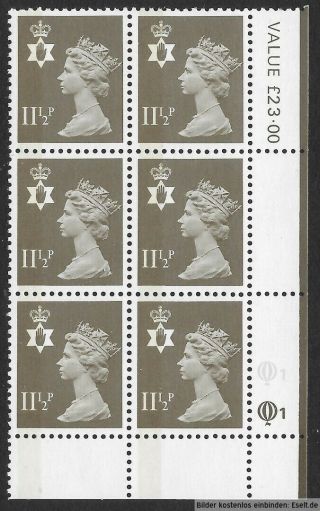 Gb/n.  Ireland 1971/00 11Â½p Plate Block,  Sg Xnl1/ni34,  Plate 1,  1,  Row 20.  Mnh