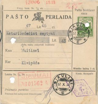 Lithuania - Money Order - 1932 - 47 Lt.  45 Ct.  - Siauliai To Klaipeda / Memel