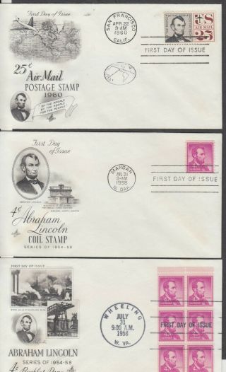 U.  S.  Abraham Lincoln,  First Day Cover Lot 5 Different Incl Bklt.  Cncls 1958 - 1960