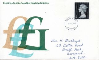 1972 Sg 831b £1 Bluish Black Hand Written With Liverpool First Day Cover Cancel