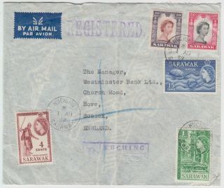 Sarawak 1959 Multi Franked Registered Cover Kuching - Hove England Via Singapore