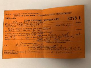 1941 York Lost Hunting & Fishing License Certificate Ny Conservation Dept.