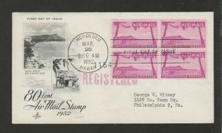 Us 1952 80c Hawaii Airmail Block Of 4 On Registered Fdc