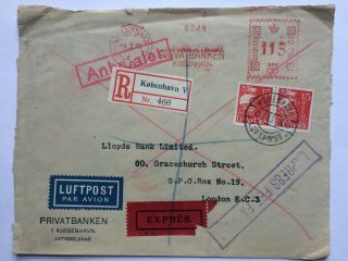 Denmark 1933 Air Mail Registered Express Cover To England Various Cachets