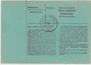 GERMANY DR 1936 PRIV.  PARCEL FORM.  CARD (2 parcels) CHEMNITZ TO HALLE/S. 2