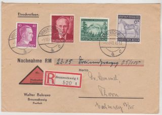 Germany Dr 1943 Reg.  C.  O.  D.  Cover Braunschweig Franking To Thorn (w.  Prussia)