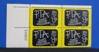 P.  T.  A/ Parent Teacher Ass.  Us Plate Block Of 4 - 8 Cent Stamp Nh Scott 1463.