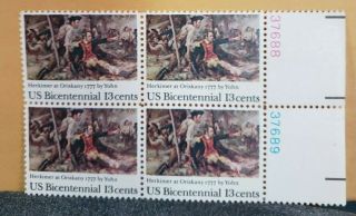 Bicentennial Herkimer At Oriskany Plate Block Of 4 Us 13 Cent Stamp Scott 1722