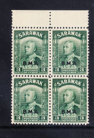 Sarawak 1945 Sg128 3c Green - Overprinted Bma - Unmounted Block Of 4 Cat£5