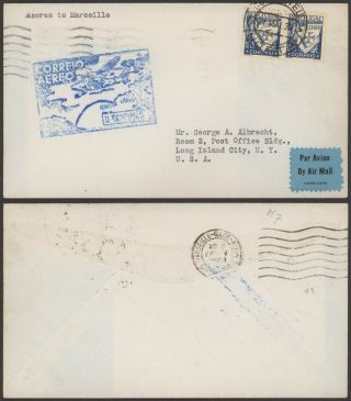 Portugal 1939 - 1st Flight Air Mail Cover Azores Marseille France 30521/3