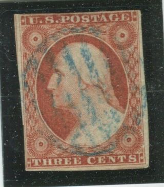 U.  S.  Stamps Scott 11 Typei,  F - Vf,  Blue Grid Cancel (x2507n)