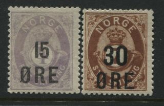 Norway 1906 - 08 15 And 30 Ore Overprinted On 4 And 7 Skilling Stamps