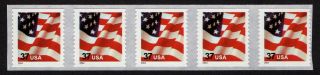 United States,  Scott 3632c,  Coil Strip Of 5 Stamps Flag,  Never Hinged
