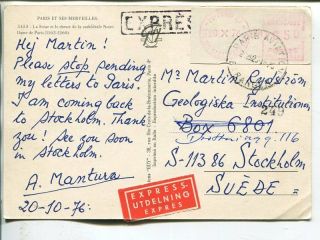 France Meter Mark Label 850c On Express Post Card To Sweden 20.  10.  1976