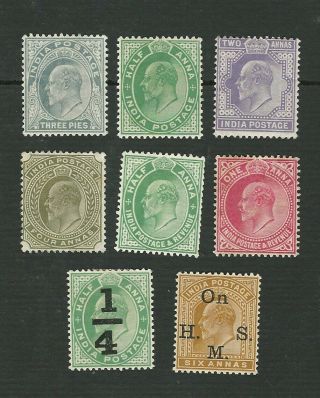 India 1902 - 1911,  Edward Vii.  8 Different Defin Stamps To 6 Anna.  Cat £30,  Mh