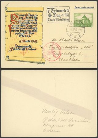 Denmark Wwii 1945 - Postcard Odense To Stockholm Sweden - Censor 30240/41