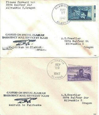 1947 Klawock And Mcgrath,  Alaska Cancels On Emergency Airmail Covers W Cachets