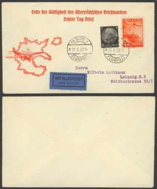 Austria 1938 - Mixed Franking On Air Mail Cover To Leipzig Germany 30527/9