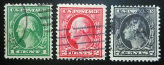 U.  S.  Stamps:scott 405,  - 407,  1c,  2c,  & 7c,  The Wash.  - Frank. ,  Issues Of 1912 - 14