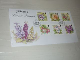 Jersey Post First Day Cover Stamps Summer Flowers Rose Fuschia Lilac Sweet Pea