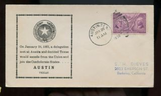 Us Civil War Event Cover (anniversary Texas Meeting To Secede) 1938 Austin,  Tex