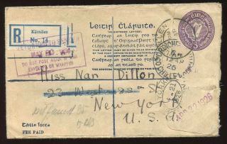 Ireland - 1926 - 5p Violet Registered Stationery Envelope To York