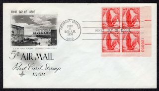 1958 5c Airmail Post Card Rate Eagle (c50) Plate Block - Artcraft Cachet Fdc Pc430