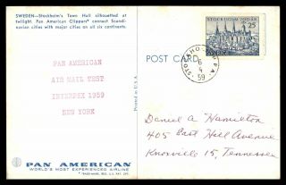 Sweden 1959 Pan Am Interpex Air Mail Test Flight Postcard To Knoxville Tn