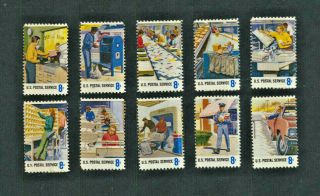 Us 1489 - 98 Postal Service Workers Tribute 1973 Set Of 10 Nh Stamps (singles