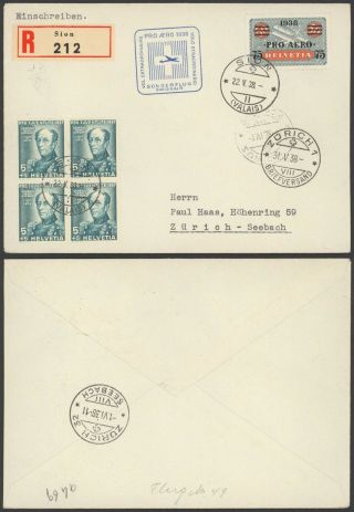 Switzerland 1938 - Air Mail Cover Flight Sion Zurich 30528/20