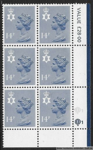 Gb/n.  Ireland 1971/00 14p Plate Block,  Sg Xnl10/ni38,  Plate 1,  1,  Row 20.  Mnh