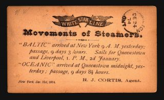 Us 1874 White Star Lines " Baltic & Oceanic " Movements Card - Z16978