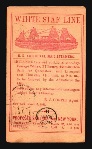 Us 1874 White Star Lines " Britannic " Card / Sm Edge Tear - Z16977