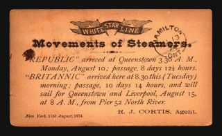 Us 1874 White Star Lines " Britannic & Republic " Card / Small Tear - Z16979