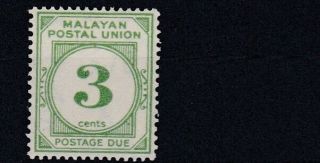 Malayan Postal Union 1945 - 49 S G D8 3c Green Postage Due Mh