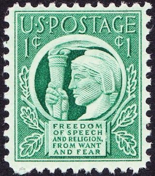 Us - 1943 - 1 Cent Green Four Freedoms Liberty Issue 908 Nh F - Vf