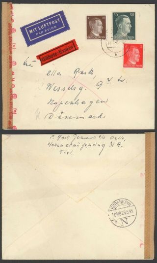 Germany Wwii 1943 - Air Mail Express Cover To Copenhagen Denmark Censor 30508/15