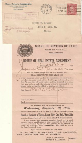 1920 Washington Coil Cover & Letter Phila Real Estate Assessors For 1856 N 12 St