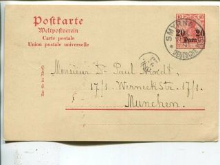 Germany German Mail In Turkey 20 Para Postal Card To München,  Smyrna 1907
