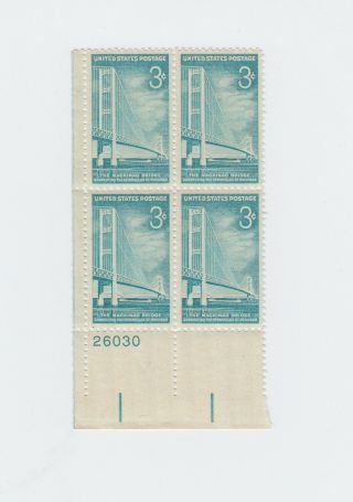 Plate Block Of 4 Mackinac Bridge Michigan Stamps Scott 1109 Us 1958 Mnh Og 3c