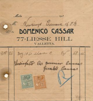 Malta 1932,  Invoice Document With Postage Stamps As Revenues.  B10