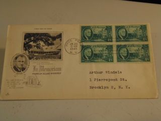 Fdr In Memoriam 1945 Fdc With Art Craft Cachet And 4 Stamp Block