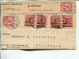 Germany Infla Post Card To Sweden30.  10.  1923,  Perfins Vdi (vdj)