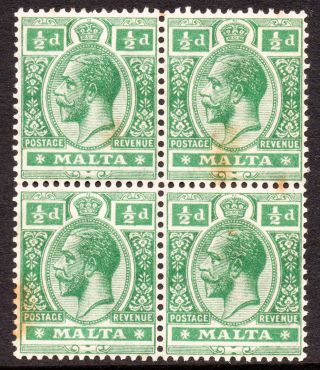 Malta Kgv 1921 - 22 Sg98 1/2d.  Green Blk Of 4 Mnh Stamps