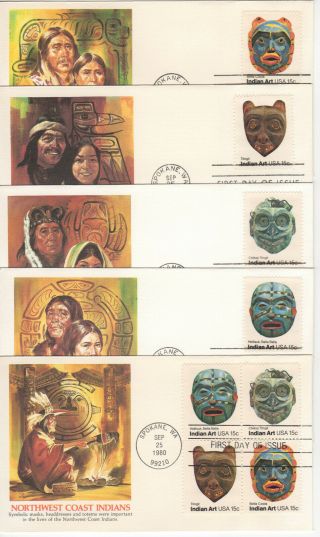 Sss: 5 Pcs Fleetwood Fdc 1980 15c Pacific Northwest Indian Masks Sc 1834 - 37